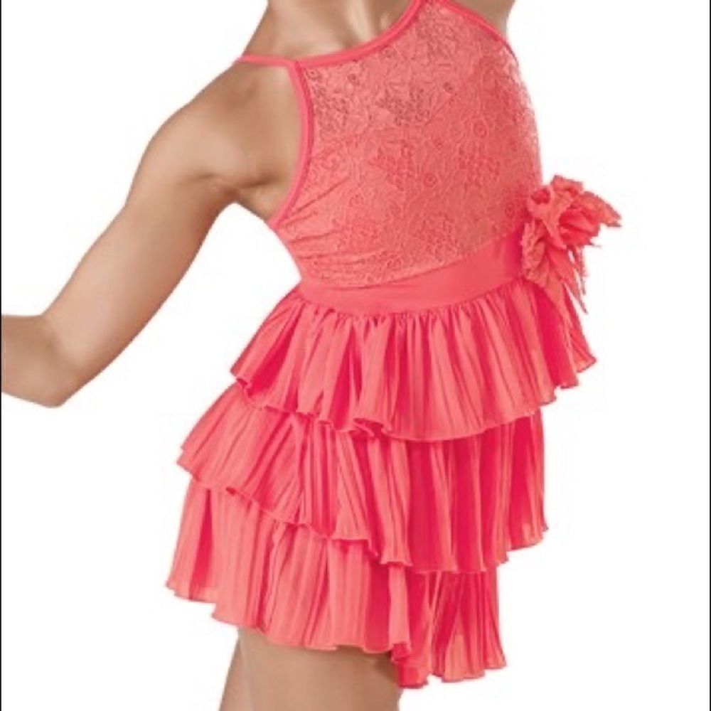 WEISSMAN Dance Costume coral orange lace leotard dress MC medium child 10/12